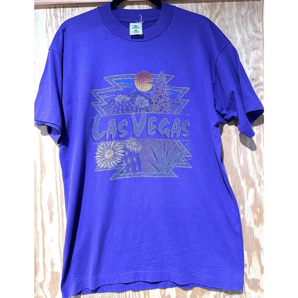 Vintage Single Stitch Las Vegas Graphic Print Short Sleeve Size Large Purple Azt